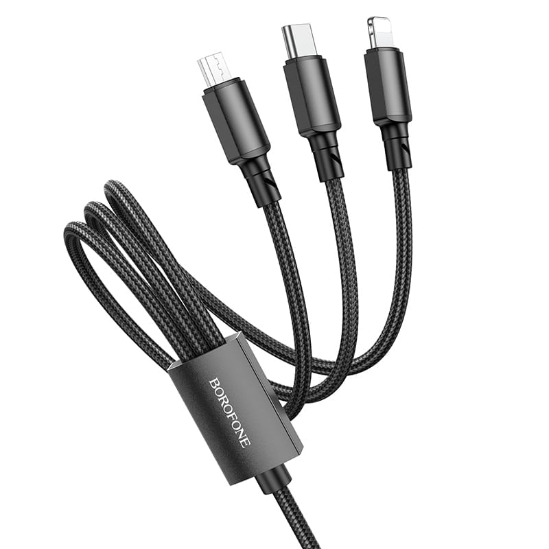 Laptop, Telefoane si Tablete - Telefoane mobile si accesorii - Accesorii Telefoane - Cabluri si adaptoare telefoane - Cablu de Incarcare 3 in 1 USB Type C - MicroUSB - Lighthing, Borofone BX72, 1m - Black - Infinity.ro