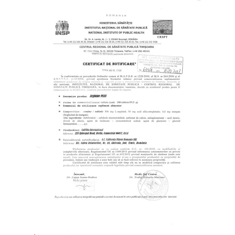 Ingrijire personala si Cosmetice - Sanatate si wellness - Nutritie sportiva - Alte suplimente sportive - Arginine Plus, Supliment Alimentar pentru Performanta Sportiva de Top (100 tablete) - Calivita - Infinity.ro
