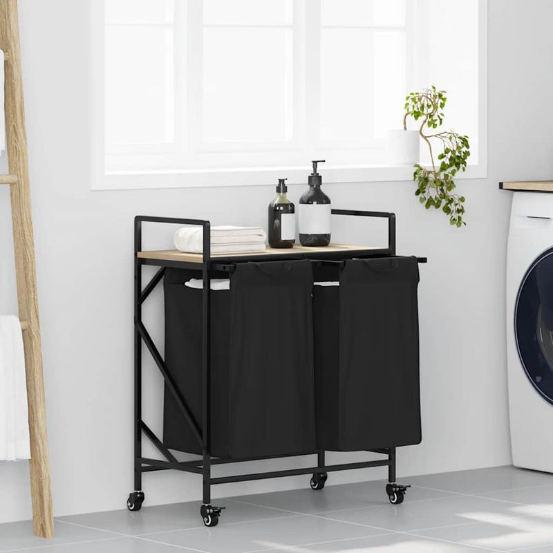 Casa si Gradina - Sanitare - Suporturi si accesorii baie - Accesorii baie - Cos de rufe 2 compartimente cu roti stejar sonoma - Infinity.ro