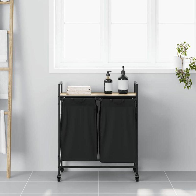 Casa si Gradina - Sanitare - Suporturi si accesorii baie - Accesorii baie - Cos de rufe 2 compartimente cu roti stejar sonoma - Infinity.ro