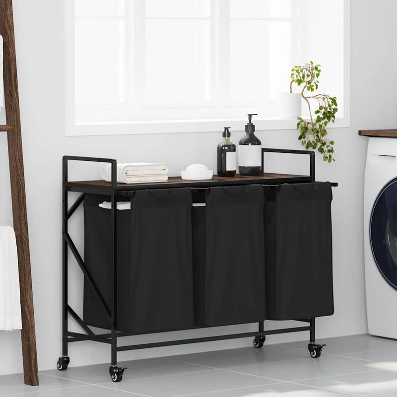 Casa si Gradina - Sanitare - Suporturi si accesorii baie - Accesorii baie - Cos de rufe 3 compartimente cu roti stejar maro - Infinity.ro