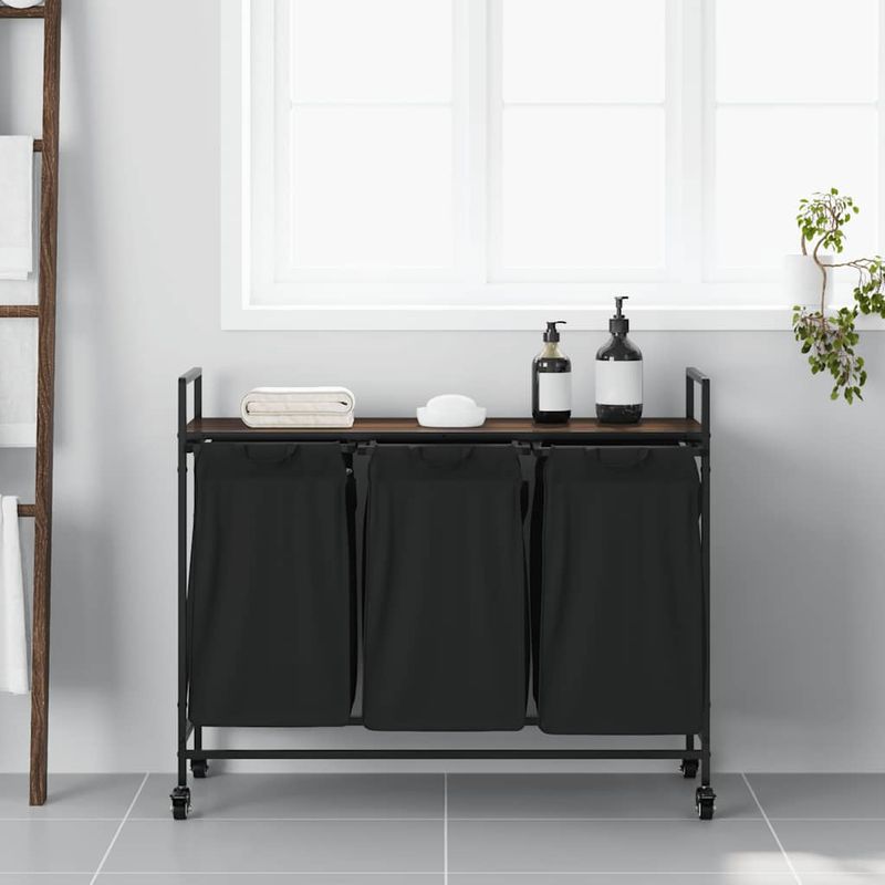 Casa si Gradina - Sanitare - Suporturi si accesorii baie - Accesorii baie - Cos de rufe 3 compartimente cu roti stejar maro - Infinity.ro