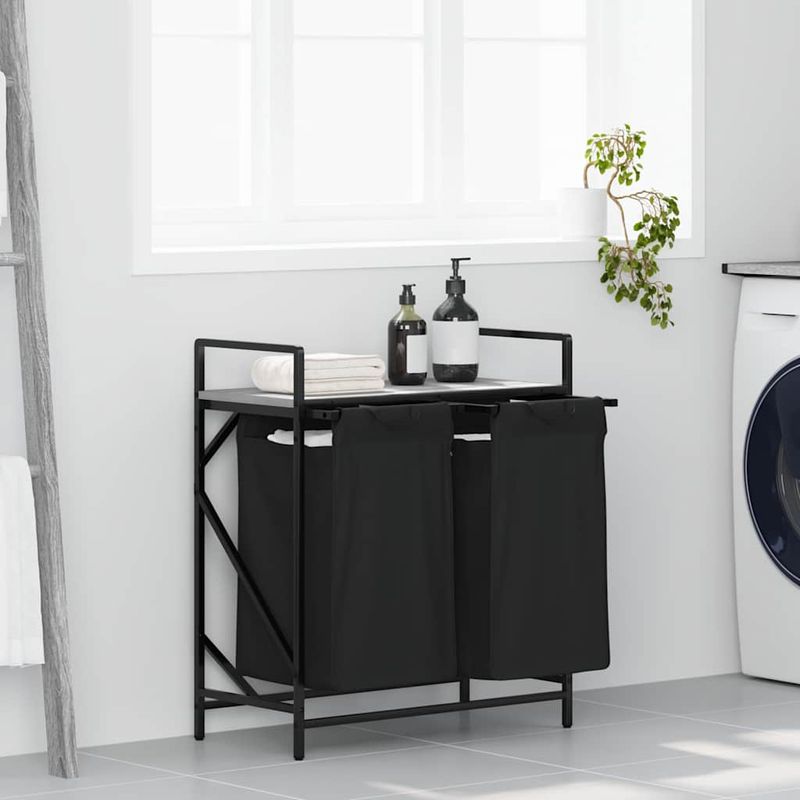 Casa si Gradina - Sanitare - Suporturi si accesorii baie - Accesorii baie - Cos de rufe 2 compartimente cu raft sonoma gri - Infinity.ro