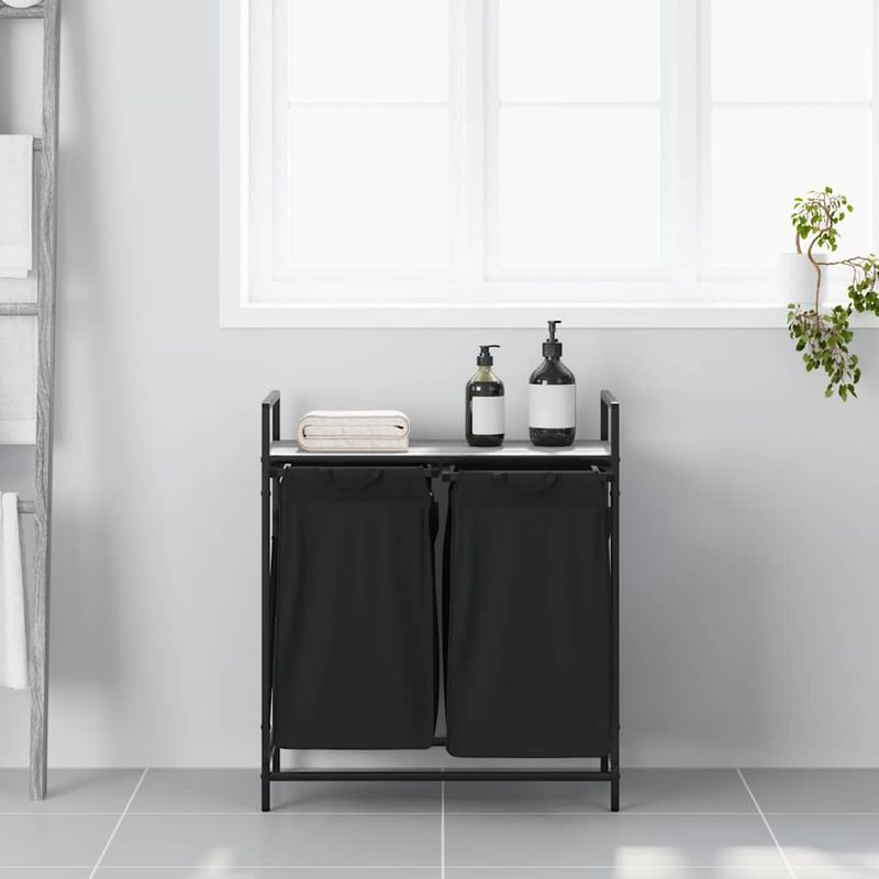 Casa si Gradina - Sanitare - Suporturi si accesorii baie - Accesorii baie - Cos de rufe 2 compartimente cu raft sonoma gri - Infinity.ro