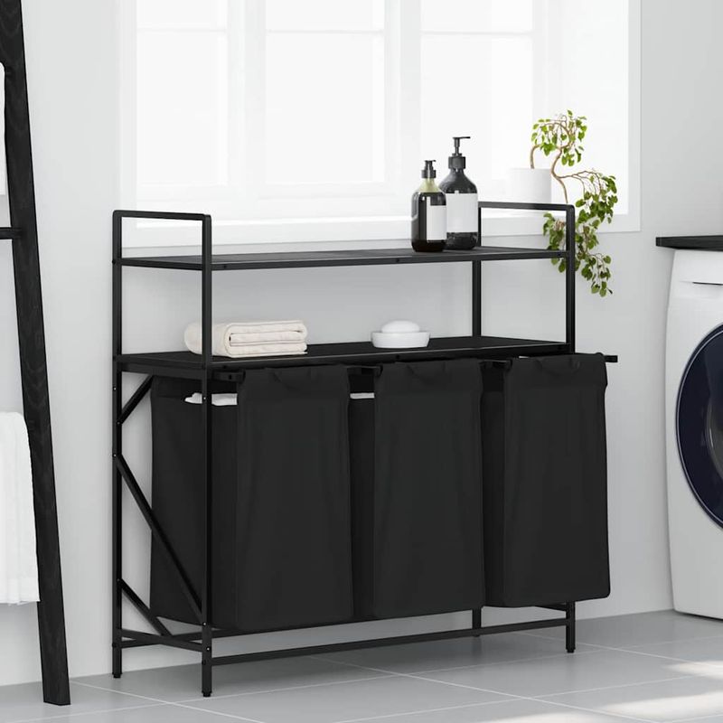 Casa si Gradina - Sanitare - Suporturi si accesorii baie - Accesorii baie - Cos de rufe 3 compartimente cu rafturi stejar negru - Infinity.ro