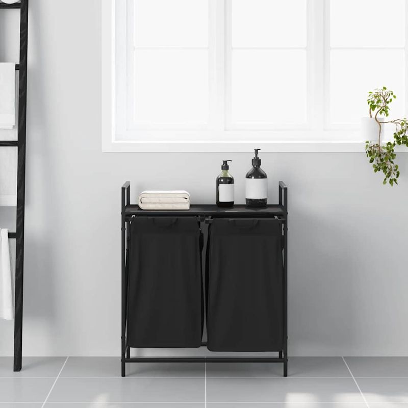 Casa si Gradina - Sanitare - Suporturi si accesorii baie - Accesorii baie - Cos de rufe 2 compartimente cu raft stejar negru - Infinity.ro