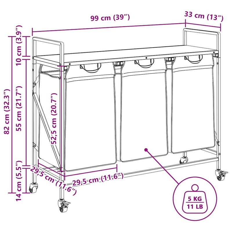 Casa si Gradina - Sanitare - Suporturi si accesorii baie - Accesorii baie - Cos de rufe 3 compartimente cu roti stejar fumuriu - Infinity.ro