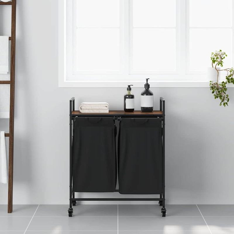 Casa si Gradina - Sanitare - Suporturi si accesorii baie - Accesorii baie - Cos de rufe 2 compartimente cu roti stejar maro - Infinity.ro