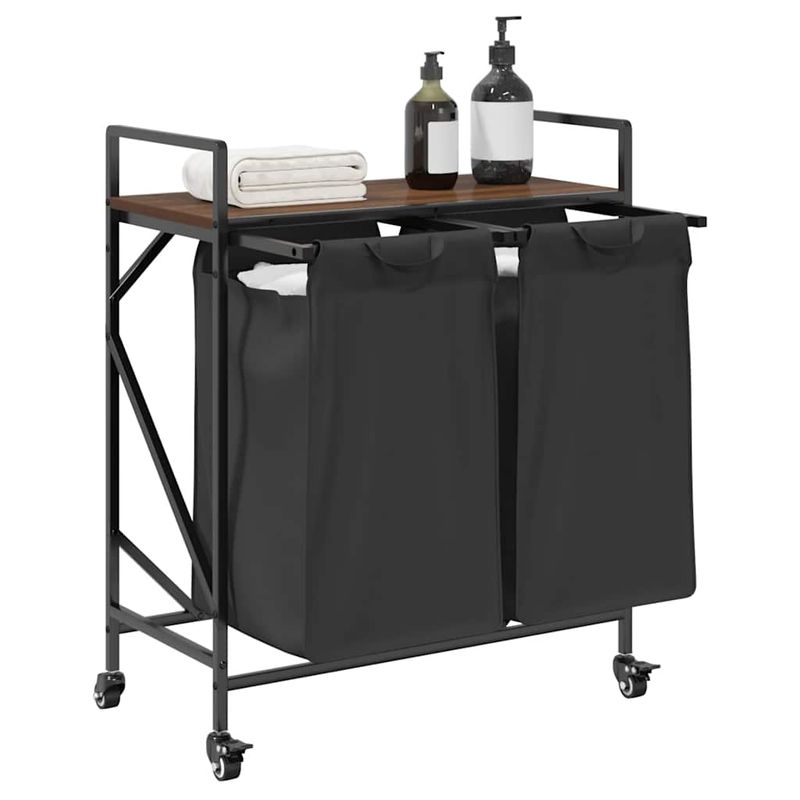 Casa si Gradina - Sanitare - Suporturi si accesorii baie - Accesorii baie - Cos de rufe 2 compartimente cu roti stejar maro - Infinity.ro