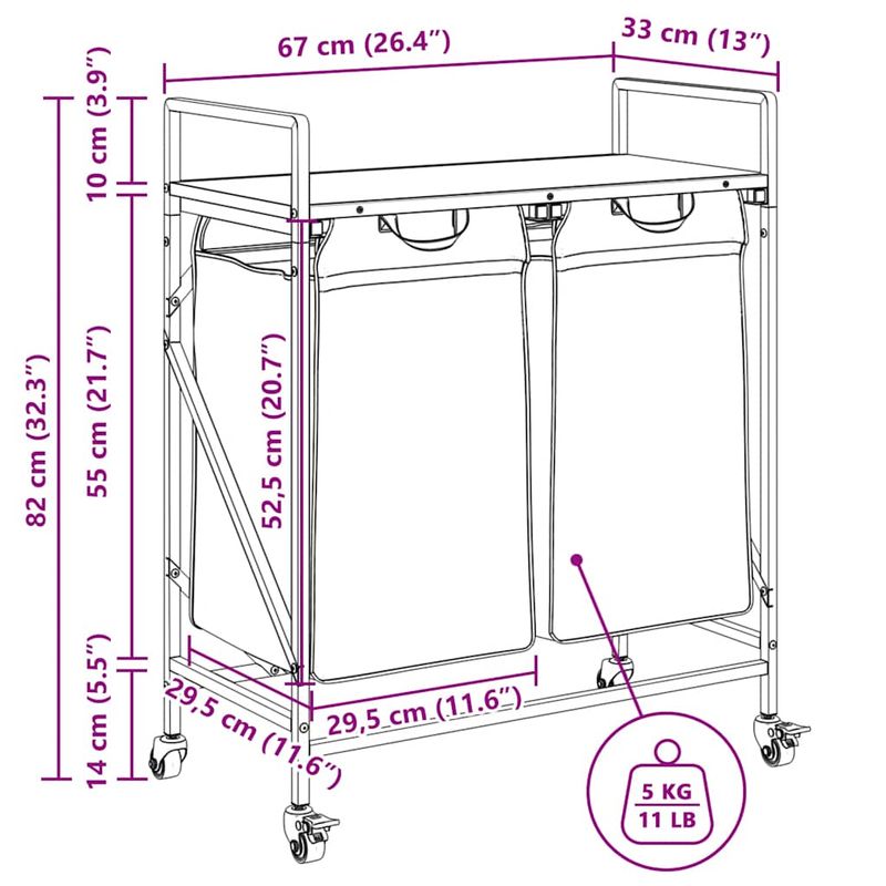 Casa si Gradina - Sanitare - Suporturi si accesorii baie - Accesorii baie - Cos de rufe 2 compartimente cu roti stejar maro - Infinity.ro