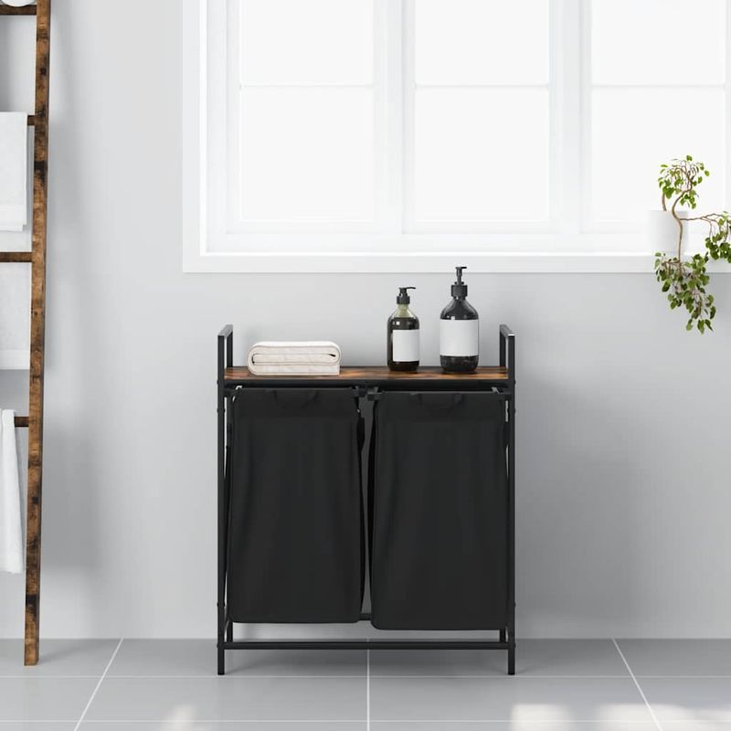 Casa si Gradina - Sanitare - Suporturi si accesorii baie - Accesorii baie - Cos de rufe 2 compartimente cu raft stejar fumuriu - Infinity.ro