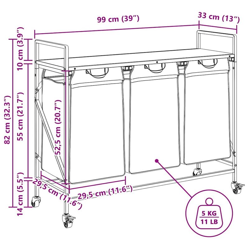 Casa si Gradina - Sanitare - Suporturi si accesorii baie - Accesorii baie - Cos de rufe 3 compartimente cu roti stejar negru - Infinity.ro