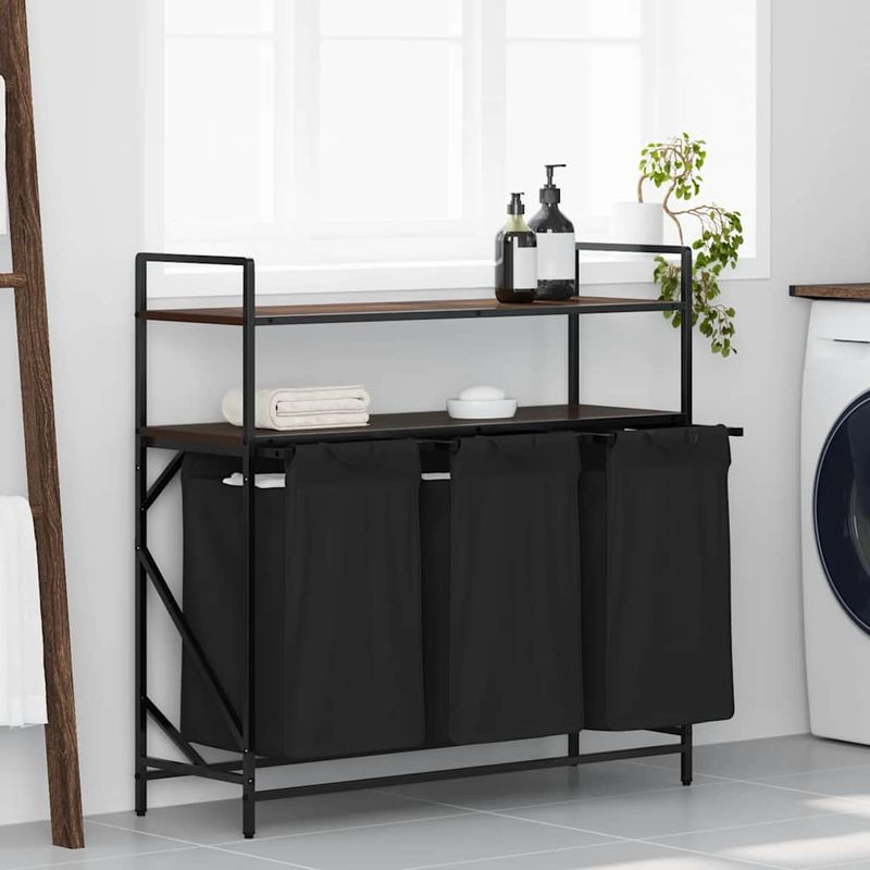 Casa si Gradina - Sanitare - Suporturi si accesorii baie - Accesorii baie - Cos de rufe 3 compartimente cu rafturi stejar maro - Infinity.ro