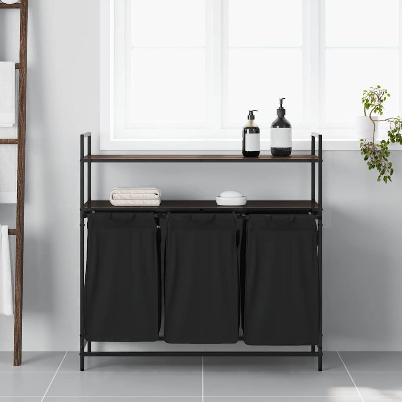 Casa si Gradina - Sanitare - Suporturi si accesorii baie - Accesorii baie - Cos de rufe 3 compartimente cu rafturi stejar maro - Infinity.ro