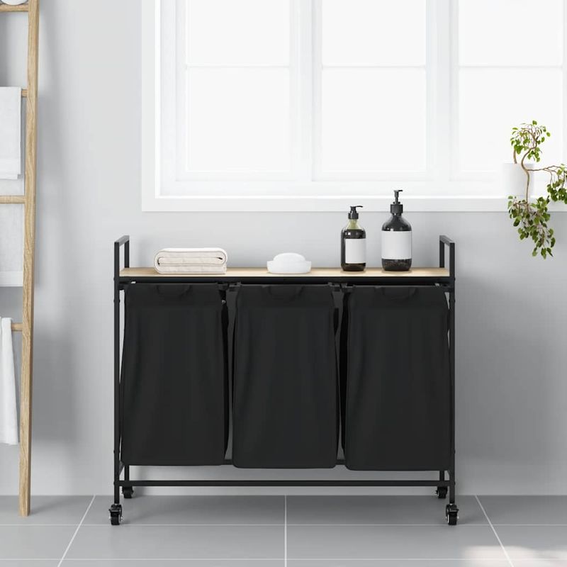 Market - Spalare si intretinere rufe - Uscatoare de rufe si accesorii - Cos de rufe 3 compartimente cu roti stejar sonoma - Infinity.ro