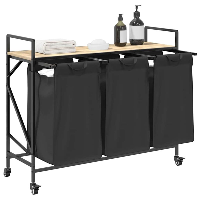 Market - Spalare si intretinere rufe - Uscatoare de rufe si accesorii - Cos de rufe 3 compartimente cu roti stejar sonoma - Infinity.ro