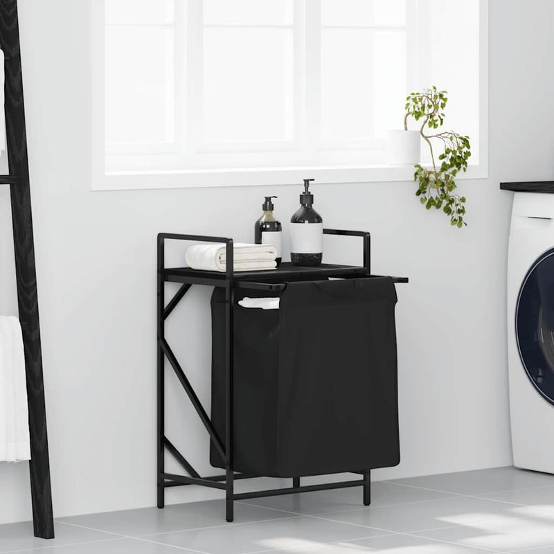 Market - Spalare si intretinere rufe - Uscatoare de rufe si accesorii - Cos de rufe 1 compartiment cu raft stejar negru - Infinity.ro