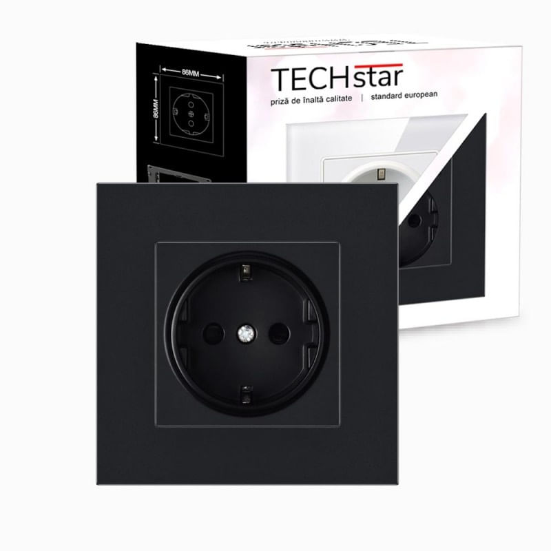 Casa si Gradina - Electrice - Prize - Priza Techstar® PC1, Simpla, Culoare Negru, Policarbonat, 16A - Infinity.ro