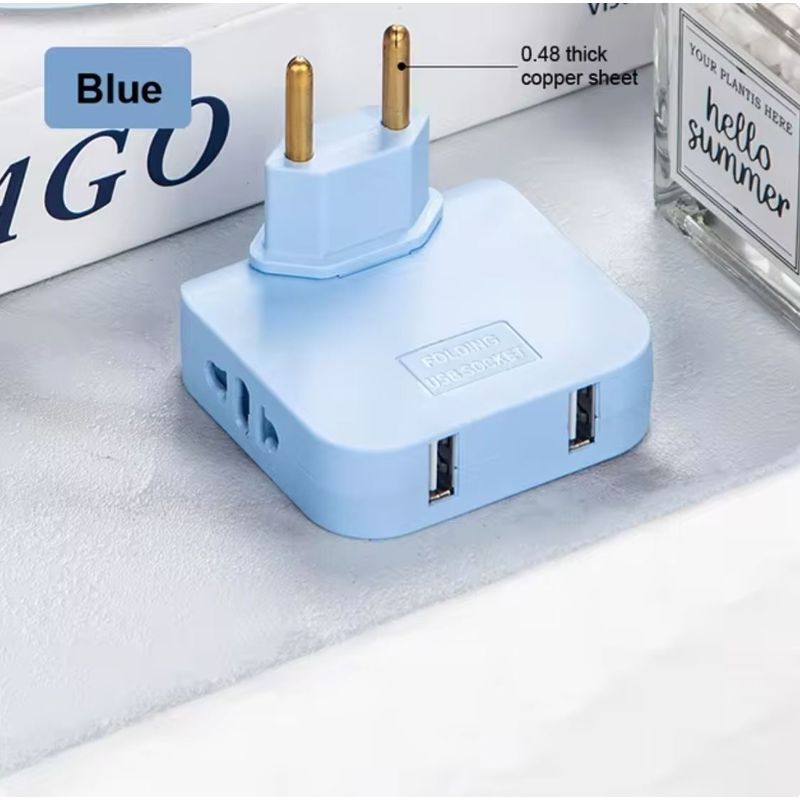 Casa si Gradina - Electrice - Accesorii electrice - Accesorii prize si intrerupatoare - Adaptor Triplu Rotativ 180° cu 2 Prize si 2 Porturi USB Techstar®, 2500W, Albastru - Ideal pentru Spatii Inguste - Infinity.ro