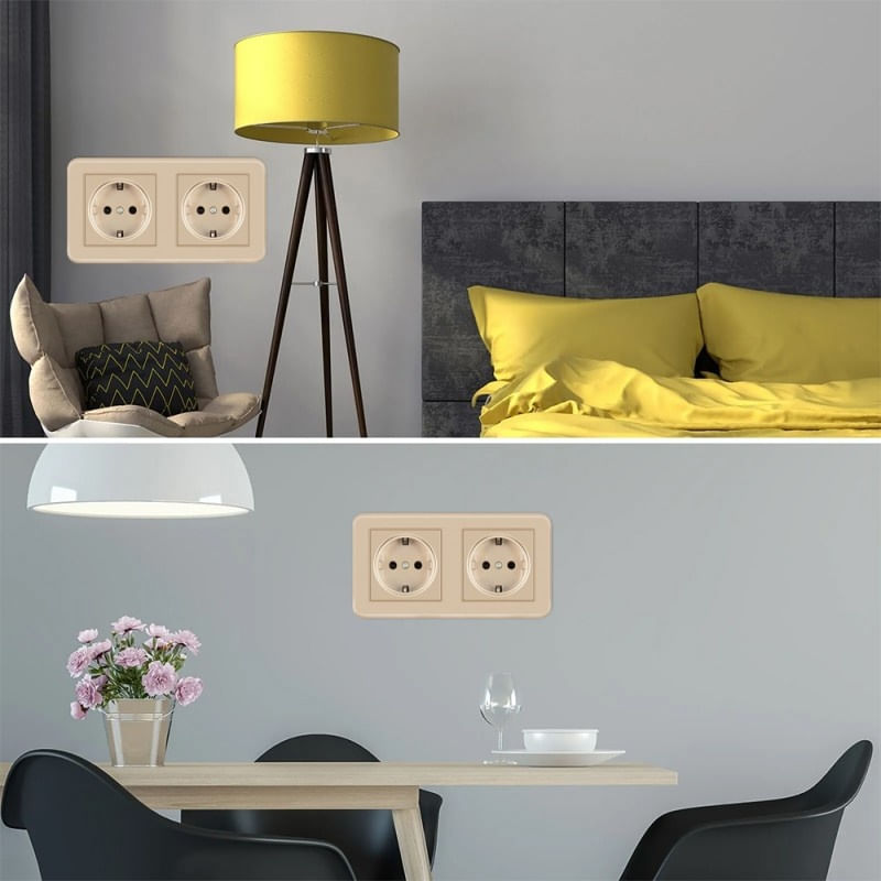 Casa si Gradina - Electrice - Prize - Priza Dubla de Perete Incastrata Techstar® TS-PC, 110-250V, 16A, Ignifuga, 80x151mm, Auriu - Infinity.ro