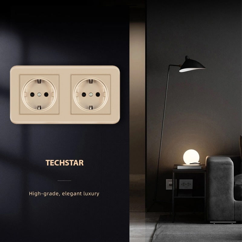 Casa si Gradina - Electrice - Prize - Priza Dubla de Perete Incastrata Techstar® TS-PC, 110-250V, 16A, Ignifuga, 80x151mm, Auriu - Infinity.ro