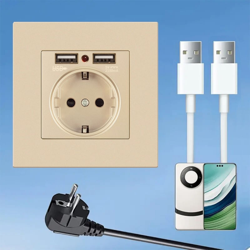 Casa si Gradina - Electrice - Prize - Priza de Perete cu 2 Porturi USB Techstar® TS-PC, 110-250V, 16A, Ignifuga, 86x86mm, Auriu - Infinity.ro