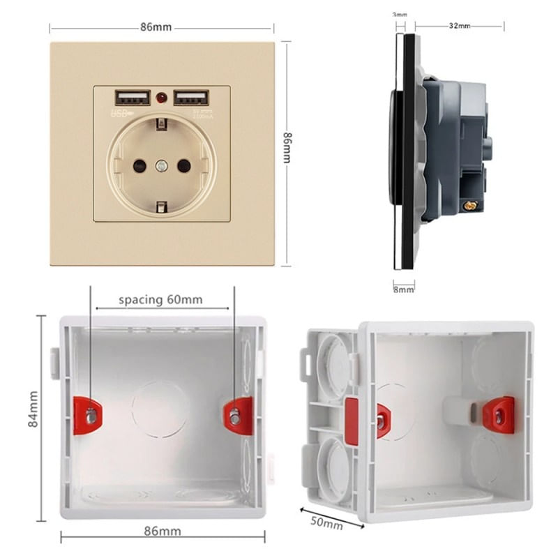 Casa si Gradina - Electrice - Prize - Priza de Perete cu 2 Porturi USB Techstar® TS-PC, 110-250V, 16A, Ignifuga, 86x86mm, Auriu - Infinity.ro