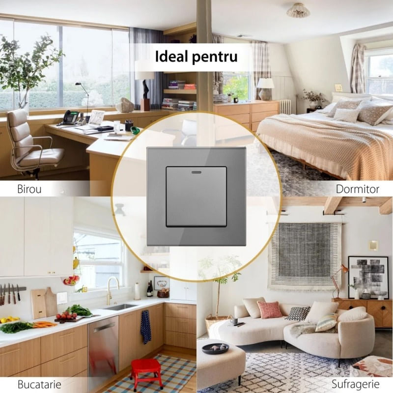 Casa si Gradina - Electrice - Distributie electrica si comanda - Intrerupatoare - Intrerupator Cap Scara Cu Panou Din Sticla Securizata Techstar® TGS 01, 220V, 16A, 86 X 86 Mm, Gri, cu 1 Modul - Infinity.ro