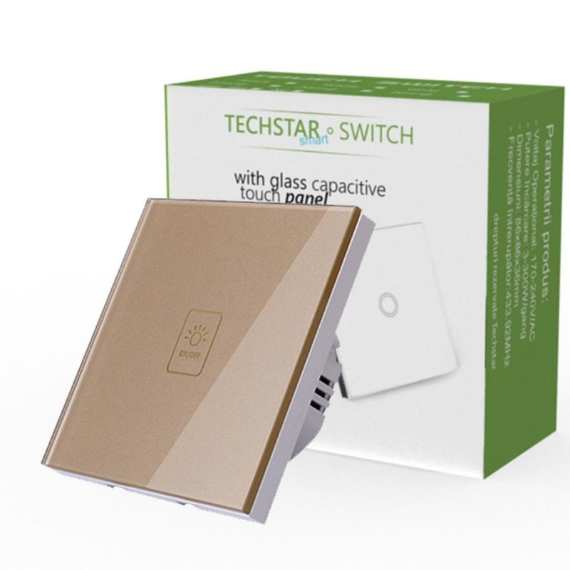 Casa si Gradina - Electrice - Distributie electrica si comanda - Intrerupatoare - Intrerupator Touch Techstar® TG02, Sticla Securizata, Design Modern, Iluminare LED, 1 Faza, Auriu - Infinity.ro