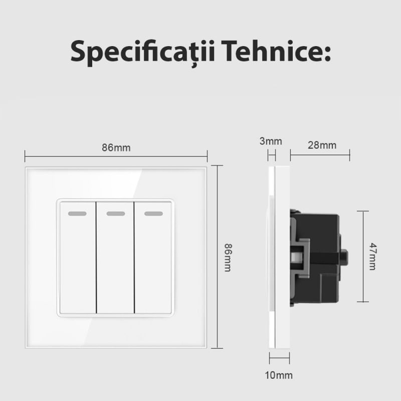 Casa si Gradina - Electrice - Distributie electrica si comanda - Intrerupatoare - Intrerupator Triplu Cap Scara Cu Panou Din Sticla Securizata Techstar® TGS 01, 220V, 16A, 86 X 86 Mm, Negru, cu 3 Faze - Infinity.ro
