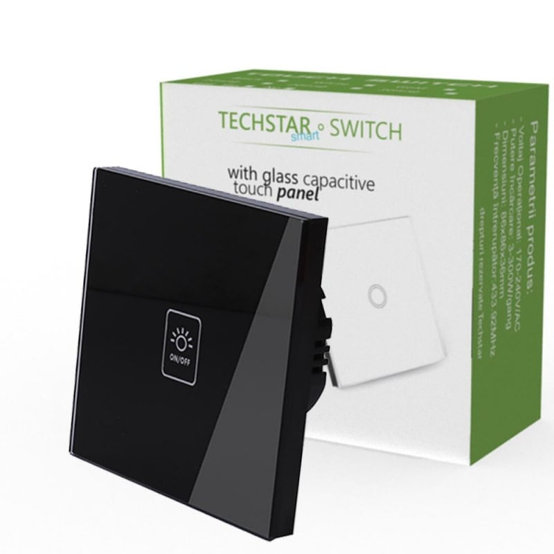 Casa si Gradina - Electrice - Distributie electrica si comanda - Intrerupatoare - Intrerupator Touch Techstar® TG02, Sticla Securizata, Design Modern, Iluminare LED, 1 Faza, Negru - Infinity.ro