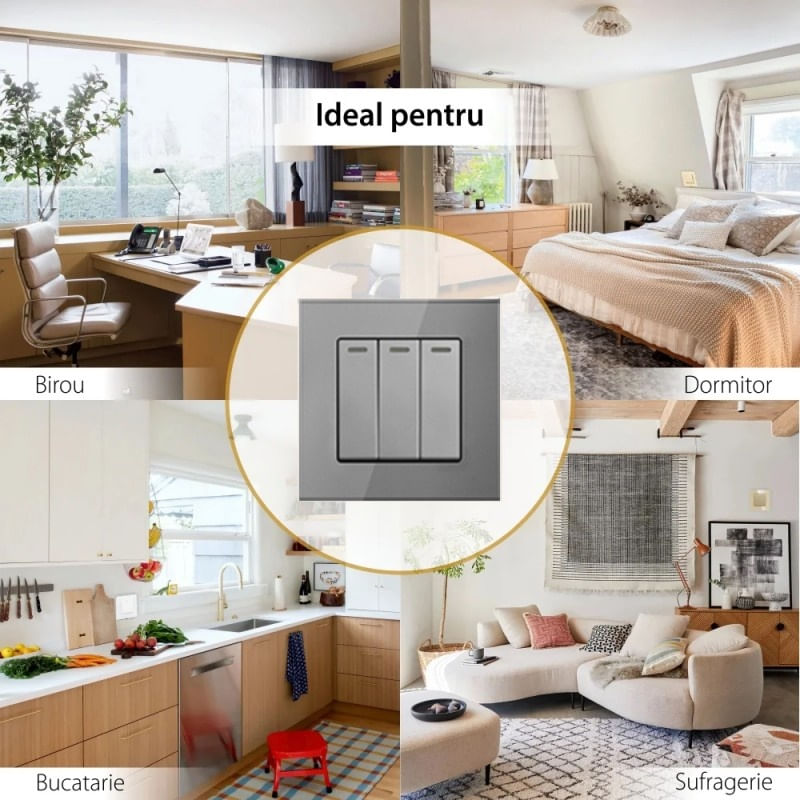 Casa si Gradina - Electrice - Distributie electrica si comanda - Intrerupatoare - Intrerupator Triplu Cap Scara Cu Panou Din Sticla Securizata Techstar® TGS 01, 220V, 16A, 86 X 86 Mm, Gri, cu 3 Faze - Infinity.ro