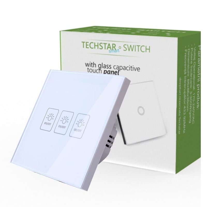 Casa si Gradina - Electrice - Distributie electrica si comanda - Intrerupatoare - Intrerupator Touch Techstar® TG02, Sticla Securizata, Design Modern, Iluminare LED, 3 Faze, Alb - Infinity.ro