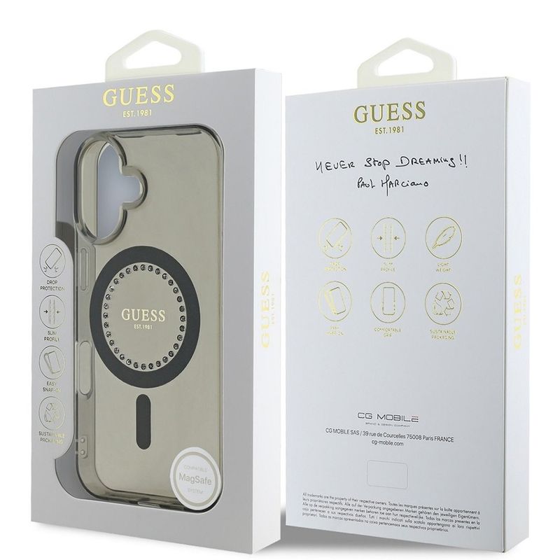 Laptop, Telefoane si Tablete - Telefoane mobile si accesorii - Accesorii Telefoane - Huse telefoane - Husa pentru iPhone 16 - Guess IML Rhinestones MagSafe (GUHMP16SPFTDTEK) - Negru - Infinity.ro