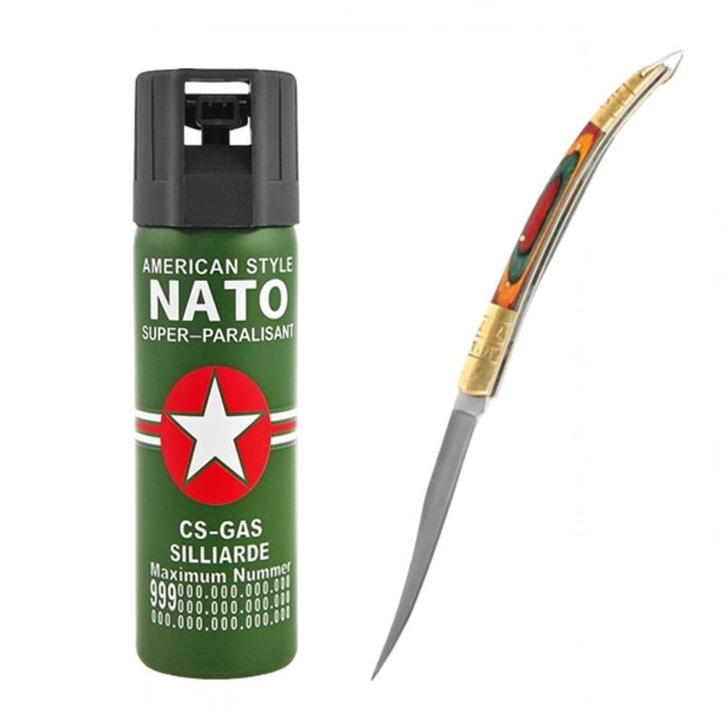 Sport si Outdoor - Camping - Accesorii camping si drumetii - Set cutit model spaniol 18 cm si trei sprayuri piper, auto-aparare, 110 ml, verde - Infinity.ro