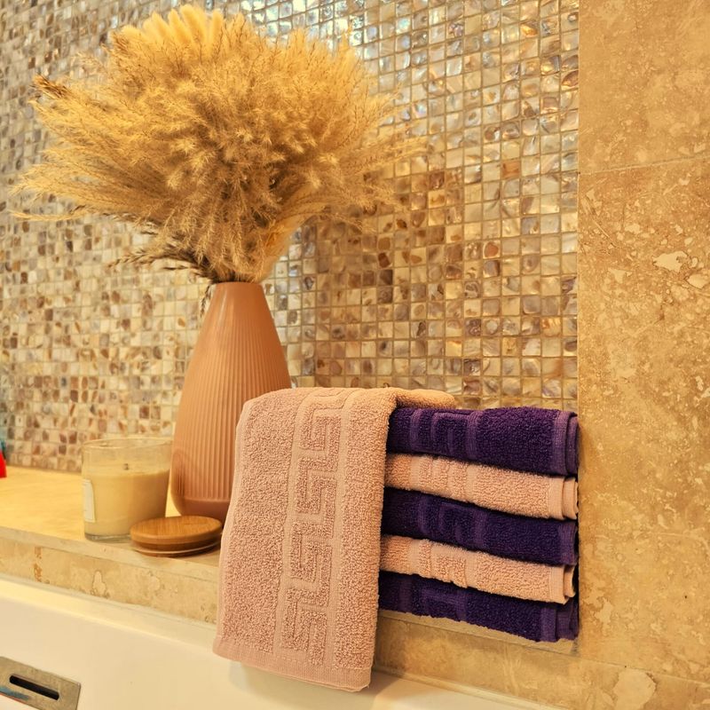 Casa si Gradina - Textile si covoare - Textile baie - Prosoape - Set 6 prosoape pentru maini Kotonia Home- Greek Border, 30x50 cm, 100% Bumbac, mov si roz ars - Infinity.ro