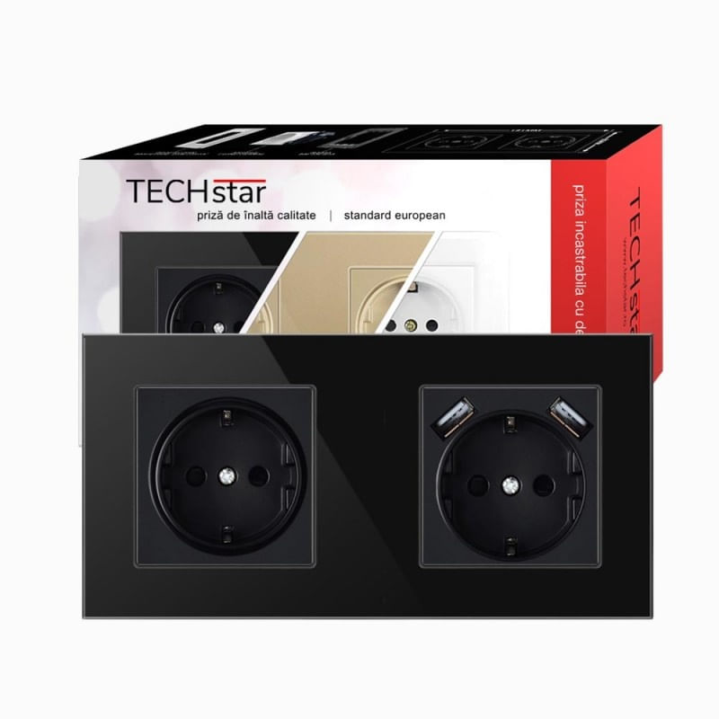 Casa si Gradina - Electrice - Prize - Priza Techstar® Crystal TSU2, Dubla, 2 x USB, 2.1 A, Culoare Negru Onyx, Sticla Securizata, 16A - Infinity.ro