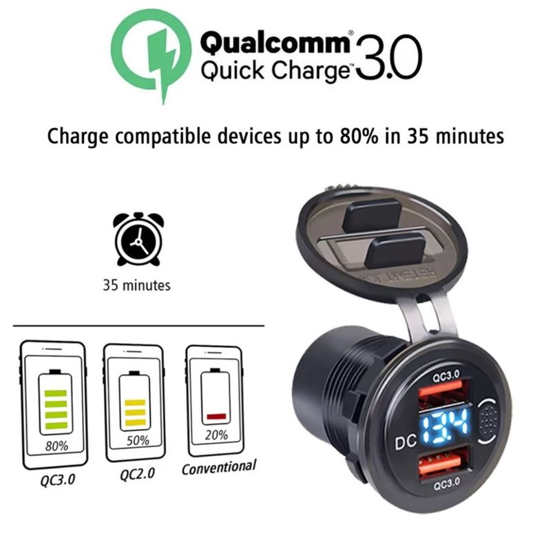 Laptop, Telefoane si Tablete - Telefoane mobile si accesorii - Accesorii Telefoane - Incarcatoare telefoane - Incarcator Auto QC3.0 Dual USB Rezistent la Apa cu Voltmetru si Comutator, Adaptor de Incarcare Rapida 12/24V, Afisaj - Infinity.ro
