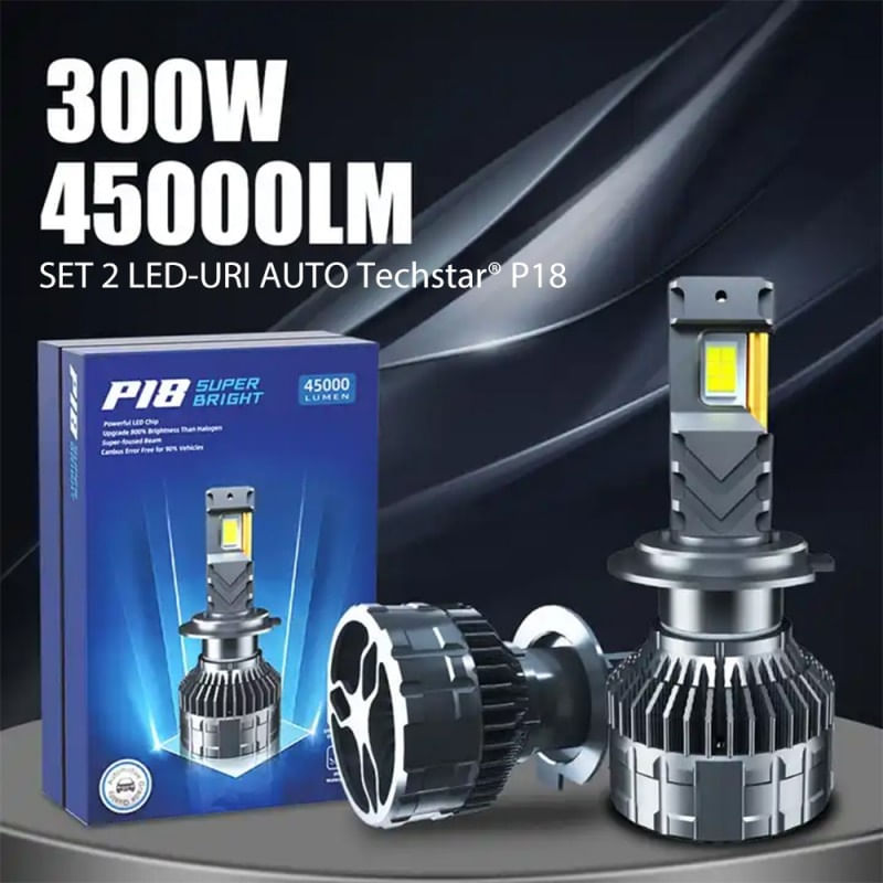 Auto si Moto - Electrice auto - Iluminare si semnalizare - Becuri auto - Set 2 LED-Uri Auto Techstar® P18, H7, 300W, 45000 Lumeni, 6500K, 12-24V, Unghi Fascicul 360°, CSP 4575, Canbus - Infinity.ro