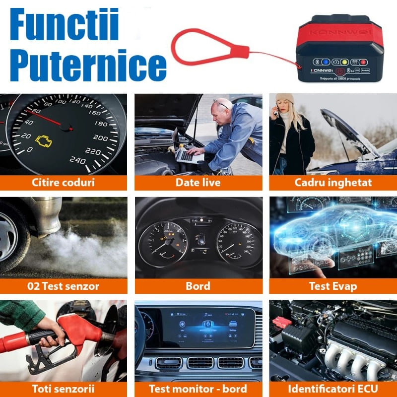 Auto si Moto - Reparatii si depanare - Sisteme de diagnoza - Diagnoza Auto OBD2 KONNWEI KW905, Bluetooth 5.0, Buton ON-OFF, Compatibil Android IOS, ELM 327 OBDII, Negru - Infinity.ro