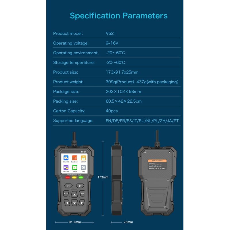 Auto si Moto - Reparatii si depanare - Sisteme de diagnoza - Tester Diagnoza Multimarca Techstar V521, Scanner OBD2 EOBD CAN, Citeste peste 4000 coduri eroare, ARM 32-bit Cortex-M3 - Infinity.ro