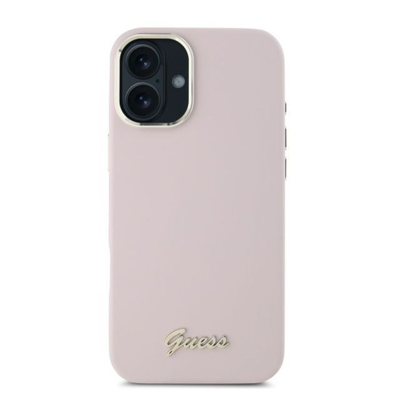 Laptop, Telefoane si Tablete - Telefoane mobile si accesorii - Accesorii Telefoane - Huse telefoane - Husa pentru iPhone 16 Plus - Guess Silicone Script Metal Logo & Frame (GUHCP16MSMBSLP) - Roz - Infinity.ro
