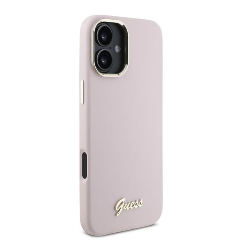 Laptop, Telefoane si Tablete - Telefoane mobile si accesorii - Accesorii Telefoane - Huse telefoane - Husa pentru iPhone 16 Plus - Guess Silicone Script Metal Logo & Frame (GUHCP16MSMBSLP) - Roz - Infinity.ro