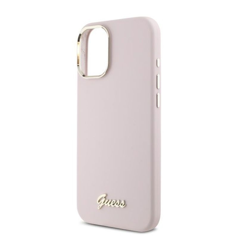 Laptop, Telefoane si Tablete - Telefoane mobile si accesorii - Accesorii Telefoane - Huse telefoane - Husa pentru iPhone 16 Plus - Guess Silicone Script Metal Logo & Frame (GUHCP16MSMBSLP) - Roz - Infinity.ro