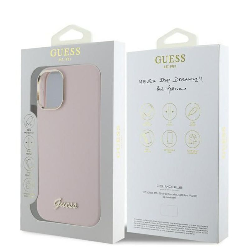Laptop, Telefoane si Tablete - Telefoane mobile si accesorii - Accesorii Telefoane - Huse telefoane - Husa pentru iPhone 16 Plus - Guess Silicone Script Metal Logo & Frame (GUHCP16MSMBSLP) - Roz - Infinity.ro