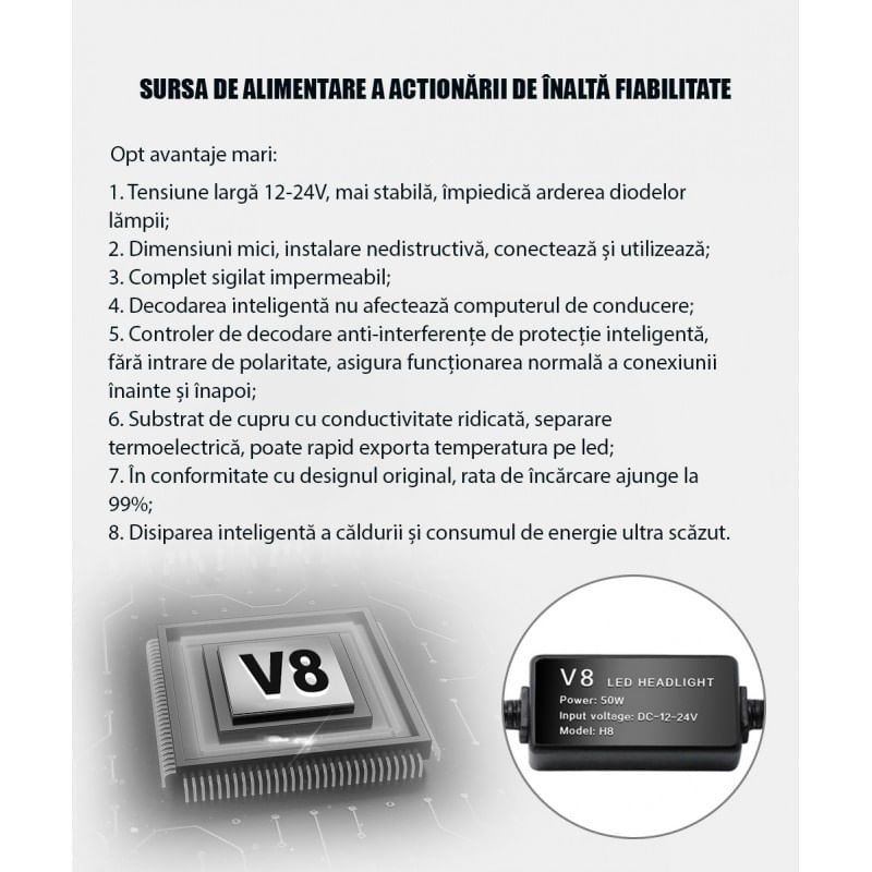 Auto si Moto - Electrice auto - Iluminare si semnalizare - Becuri auto - Set 2 LED-Uri Auto Techstar® V8, 9007, 120W, 12-24V, 15000 Lumeni, 6000K, Unghi Fascicul 360°, CSP 3570, Canbus - Infinity.ro
