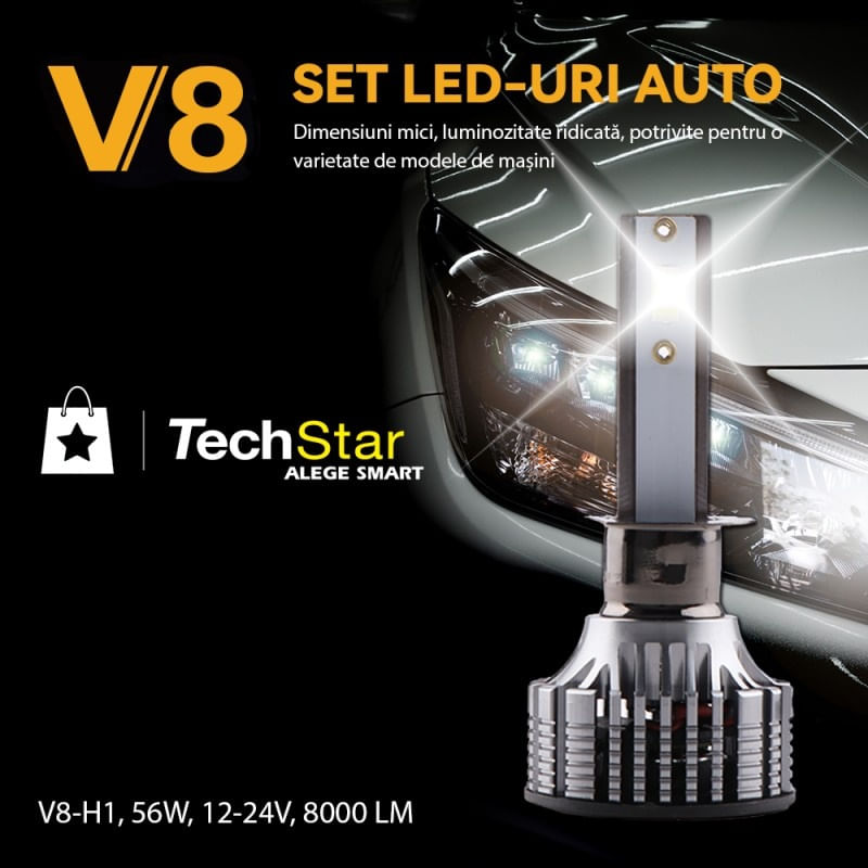 Auto si Moto - Electrice auto - Iluminare si semnalizare - Becuri auto - Set 2 LED-Uri Auto Techstar® V8, 9007, 120W, 12-24V, 15000 Lumeni, 6000K, Unghi Fascicul 360°, CSP 3570, Canbus - Infinity.ro