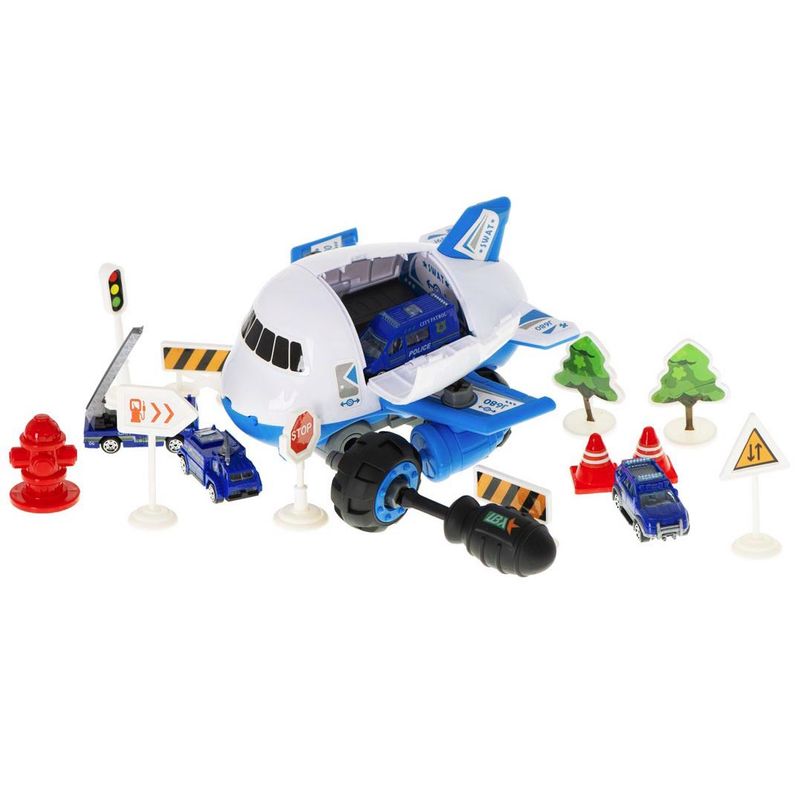 Jucarii, Copii si Bebe - Jucarii si jocuri - Seturi de constructie si cuburi - Seturi de constructie - Set constructie Avion Albastru, cu 4 Masinute, Accesorii si Surubelnita, SALAMANDRA KIDS® - Infinity.ro