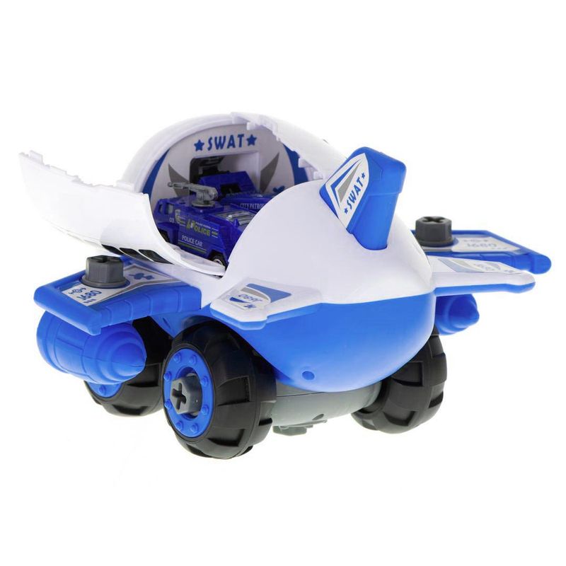 Jucarii, Copii si Bebe - Jucarii si jocuri - Seturi de constructie si cuburi - Seturi de constructie - Set constructie Avion Albastru, cu 4 Masinute, Accesorii si Surubelnita, SALAMANDRA KIDS® - Infinity.ro