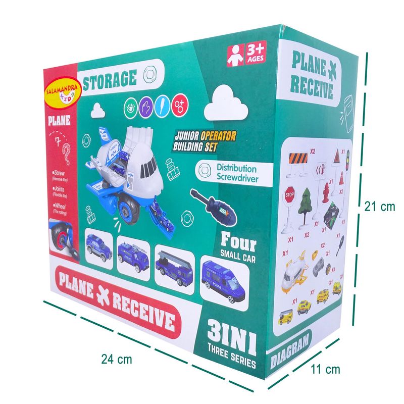 Jucarii, Copii si Bebe - Jucarii si jocuri - Seturi de constructie si cuburi - Seturi de constructie - Set constructie Avion Albastru, cu 4 Masinute, Accesorii si Surubelnita, SALAMANDRA KIDS® - Infinity.ro
